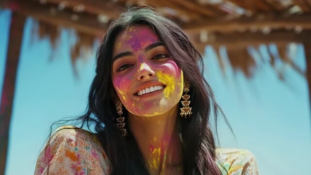 Happy woman with colorful face paint from Holi Festival