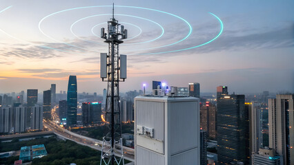 A sleek, modern 5G network tower stands tall atop a rooftop in the heart of a vibrant city skyline at twilight