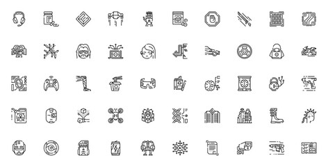 Cyberpunk icon set. Futuristic vector collection. Includes headphones, katana, hacker, neon sign, cyborg, drone, AI, security and more. Editable cyberpunk graphics.