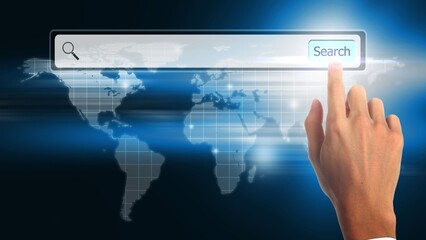 Earth map hologram with search button online business concept. business Graph