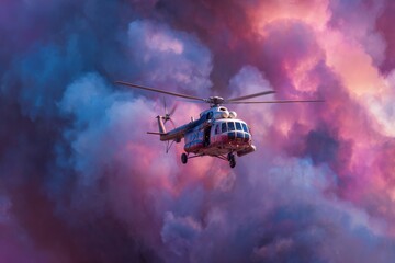 Fototapeta premium Swift deployment: helicopter lands on smoke-filled ridge. Orange sky mission. Strategic firefighting collaboration between contra costa and pg&e. Aerial response. Tech coordination.