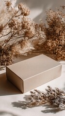 Elegant Beige Gift Box Mockup with Dried Flowers and Soft Lighting