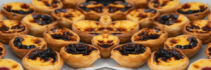 Pastel de nata Portuguese cakes. Traditional Portugal egg tart, fresh pasteis bakery