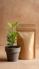 Eco-Friendly Packaging Mockup Plant in Pot with Kraft Pouch,kraft,soil