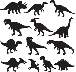 vector set of silhouttee various dinosaurs in different poses  on white background