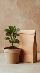Sustainable Living Potted Plant Beside Eco-Friendly Paper Bag