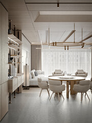 3d render luxury apartment living and dining room