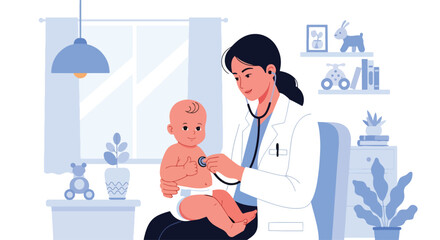 Adobe illustrator vector flat style illustration of a female doctor holding a cute baby and listening to its heartbeat with a stethoscope, emphasizing infant health assessment