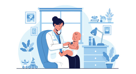 Adobe illustrator vector flat style illustration of a female doctor holding a cute baby and listening to its heartbeat with a stethoscope, emphasizing infant health assessment