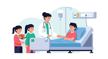 Adobe illustrator vector flat style illustration of a doctor checking on a young kid in a hospital bed with his sisters visiting, highlighting pediatric care and family support