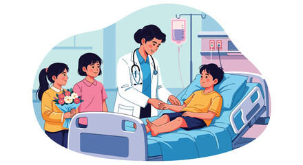 Adobe illustrator vector flat style illustration of a doctor checking on a young kid in a hospital bed with his sisters visiting, highlighting pediatric care and family support