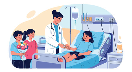 Adobe illustrator vector flat style illustration of a doctor checking on a young kid in a hospital bed with his sisters visiting, highlighting pediatric care and family support
