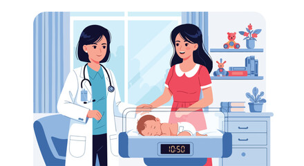Adobe illustrator vector flat style illustration of a female pediatrician and mother looking at a sleeping newborn in a hospital crib scale emphasizing infant health and new baby care