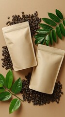 Kraft Coffee Packaging Mockup with Beans and Leaves
