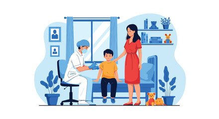Adobe illustrator vector flat style illustration of a doctor giving a vaccination to a young kid with his mother present, emphasizing child immunization and preventative healthcare