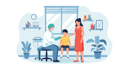 Adobe illustrator vector flat style illustration of a doctor giving a vaccination to a young kid with his mother present, emphasizing child immunization and preventative healthcare