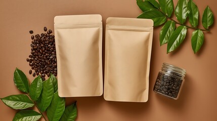 Kraft Coffee Packaging Mockup Blank Pouches, Beans, Leaves