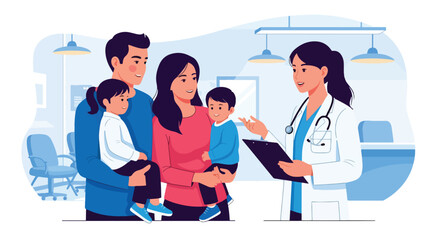 Adobe illustrator vector flat style illustration of a family with two children visiting a female pediatrician, emphasizing kids' health check-up and family well-being