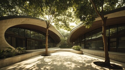 Curved Concrete Modern Architecture with Lush Greenery Courtyard