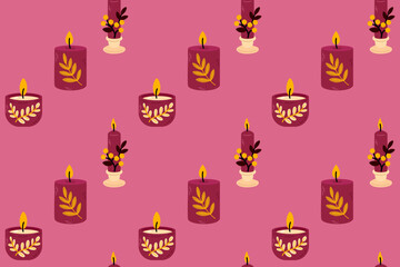Cozy pattern with warm autumn candles, botanical elements and soft pink background