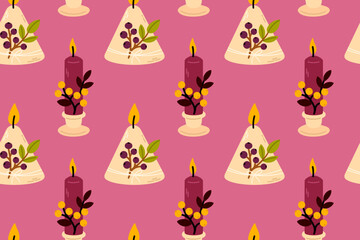 Seamless design featuring decorative autumn candles and berry elements