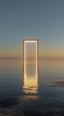 Glowing Portal in Calm Ocean at Sunset Minimalist 3D Render