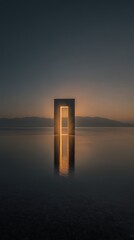 Illuminated Gateway at Sunset Minimalist Lake Scene