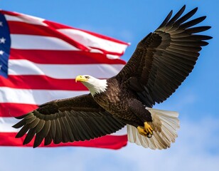Obraz premium Bald eagle in flight, American flag (1)