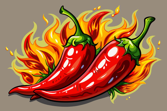 Spicy red chili pepper cartoon vector with blazing fire. Perfect for hot food labels, spicy product branding, restaurant graphics, and culinary-themed digital artwork