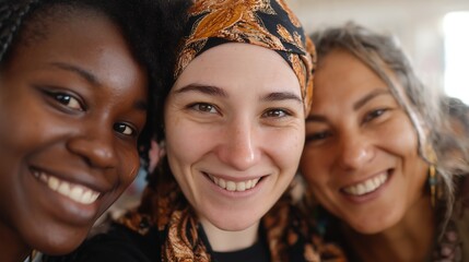 Close-up Portrait of Three Diverse Smiling Women