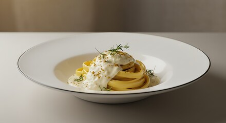 Pasta with Creamy Sauce and Dill in White Bowl Food Presentation