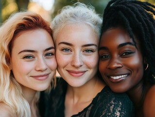 Close-up Portrait of Three Diverse Smiling Women,happy,model