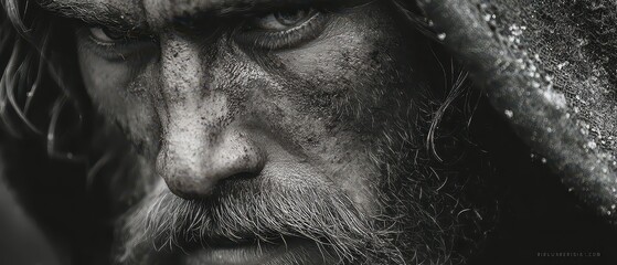 Intense gaze of a rugged man in harsh conditions