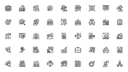 Business icon set. Minimal vector icons pack. Includes symbols for online meeting, cash flow, target, strategy, contract, teamwork, analysis and more. Editable stroke.