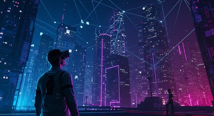 Person Using Vr Headset in Futuristic City at Night