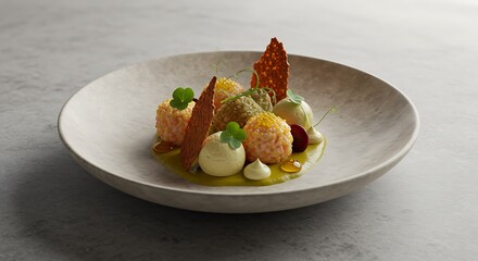 Plated Food Balls Arrangement with Green Sauce and Crackers