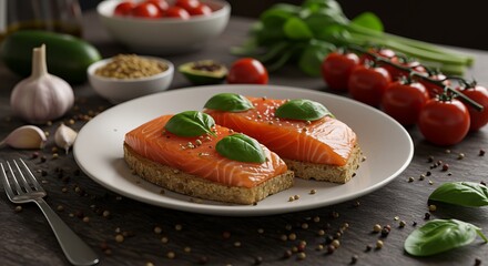 Salmon Toast Appetizer with Fresh Basil and Tomatoes