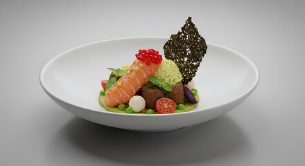 Salmon Dish with Caviar and Vegetables on White Plate