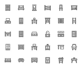 Furniture icon set. Minimalist vector illustrations. Includes drawers, bed, door, chair, table, wardrobe, sofa, cabinet, desk, mirror and more. Editable stroke.