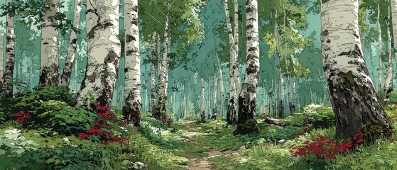 Tranquil forest path with vibrant trees
