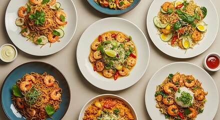 Shrimp Pasta Variety Overhead View for Food Photography