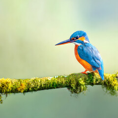 Fototapeta premium Photorealistic Kingfisher Bird on Mossy Branch in Natural Habitat with Vibrant Blue and Orange Feathers, Blurred Background