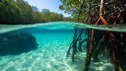 underwater scene with tropical fish and mangrove clusters