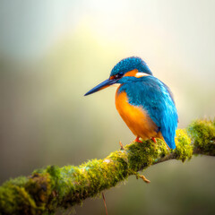 Fototapeta premium Common Kingfisher perched on mossy branch, vibrant blue and orange bird in soft morning light, wildlife photography of Alcedo atthis in nature