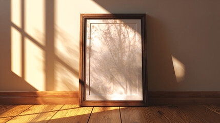 Empty frame bathed in Sunlight: A framed, artfully crafted interior setting basks in the golden light of a sunlit day, casting dramatic shadows across the wood floor.