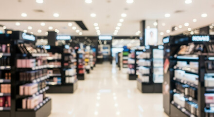 Abstract blurred background of a modern cosmetic department in a shopping mall. Defocused interior view of a beauty store aisle.