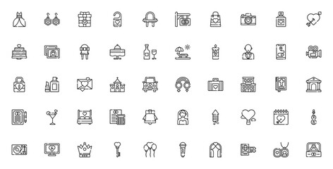 Wedding icon set. Elegant vector collection. Includes dress, ring, cake, bouquet, invitation, venue, gifts, photography and more. Perfect for love-themed designs.