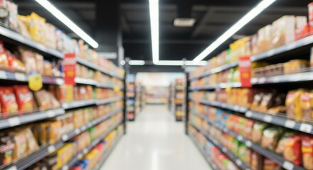 Blurred background of a supermarket aisle with products on the shelves. Defocused grocery store interior for an abstract retail or shopping concept.
