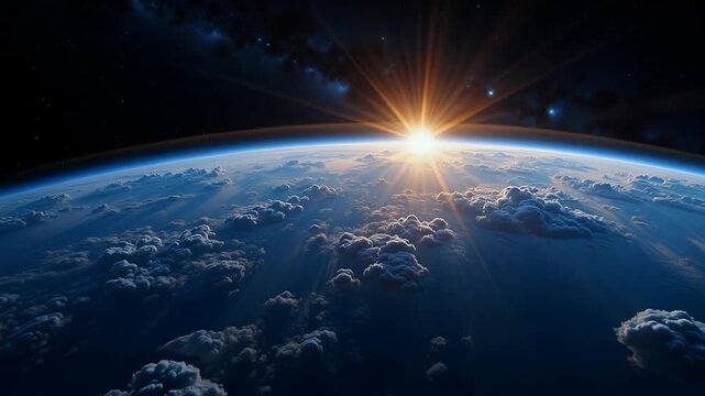 Glowing Blue Horizon Over Cloudy Earth at Dawn From Space