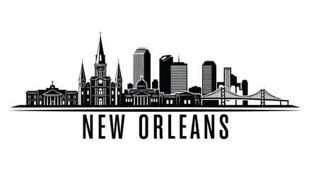 Naklejka premium New Orleans City Skyline Black and White Illustration
